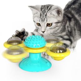 Cat Turntable Toy, Multifunction Catnip Rotating Windmill Toys with Strong Suction Cup, Interactive Play Self Groomer Massage Toy